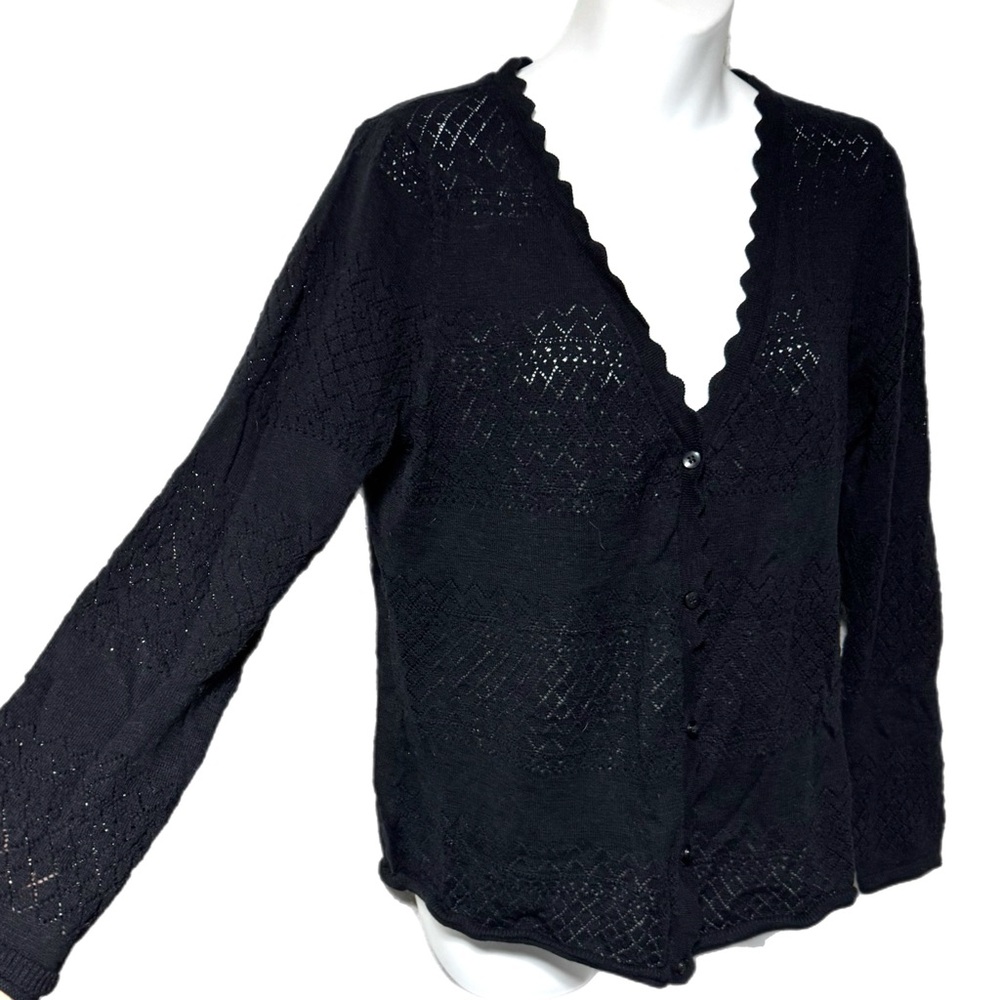 Frye Black Pointelle Open Knit Cotton Cardigan Sweater L Scalloped Edge - Picture 3 of 8